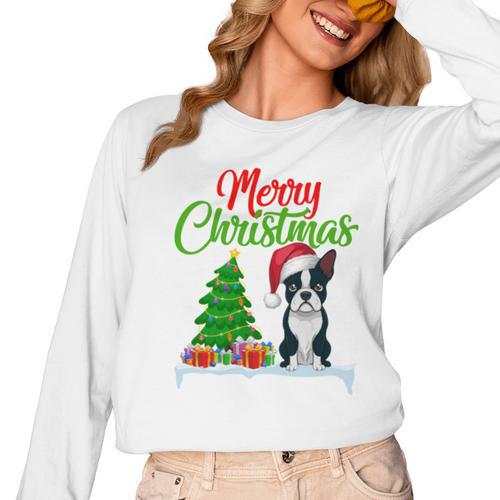 Boston Terrier Christmas Tree Lights Xmas Dog Lover Women Long Sleeve T-Shirt - Bostonterriersmerch.com