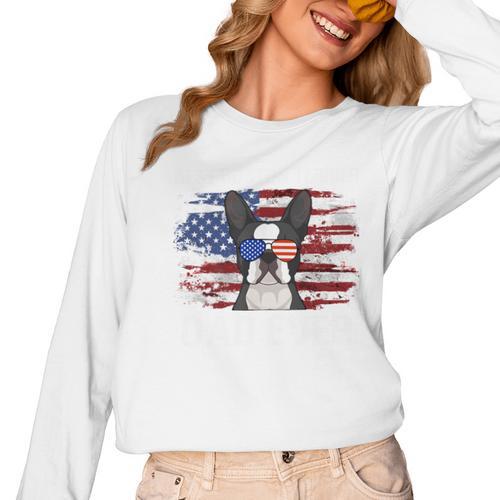 Boston Terrier Dad American Flag 4th Of July Dog Fathers Day Women Long Sleeve T-Shirt - Bostonterriersmerch.com