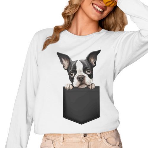 Boston Terrier Dog Puppy Dog In Pocket Cute Pet Lover Women Long Sleeve T-Shirt - Bostonterriersmerch.com