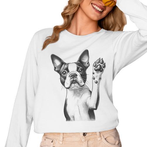 Boston Terrier Dog Raising Paw Idea Men Women Women Long Sleeve T-Shirt - Bostonterriersmerch.com