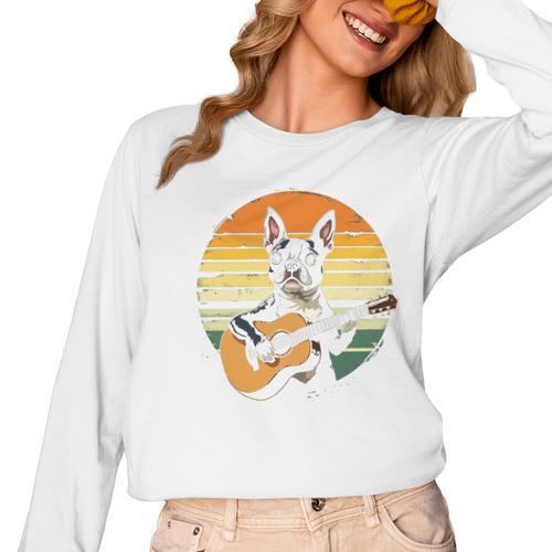 Boston Terrier Guitar Retro Women Long Sleeve T-Shirt - Bostonterriersmerch.com