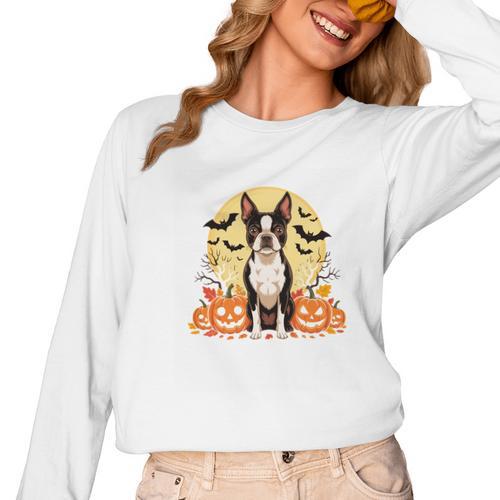 Boston Terrier Halloween Dog Lover Pumpkin Costume Women Long Sleeve T-Shirt - Bostonterriersmerch.com AU