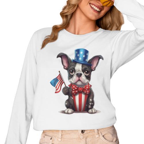 Boston Terrier Puppy Dog Holds His American Flag 4th Of July Women Long Sleeve T-Shirt - Bostonterriersmerch.com
