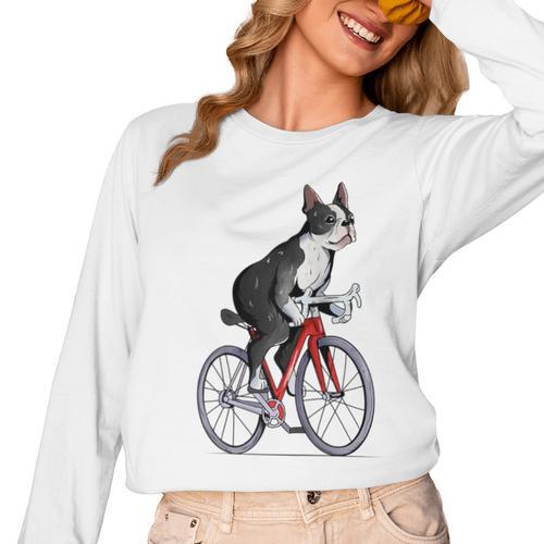 Boston Terrier Riding Bicycle Cute Bostie Biker Raglan Baseball Tee Women Long Sleeve T-Shirt - Bostonterriersmerch.com