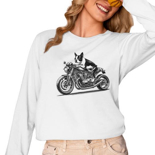 Cool Boston Terrier Riding a Motorcycle Biker Dog Lover For Men Women Kids Women Long Sleeve T-Shirt - Bostonterriersmerch.com