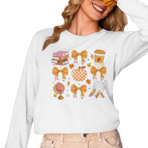 Coquette Bow Teacher Thanksgiving Fall Autumn Girls Women Women Long Sleeve T-Shirt - teacherstshirts.com