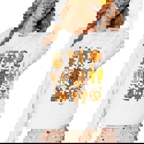 Coquette Teach Teacher Bows Thanksgiving Turkey Fall Autumn Women Long Sleeve T-Shirt - teacherstshirts.com