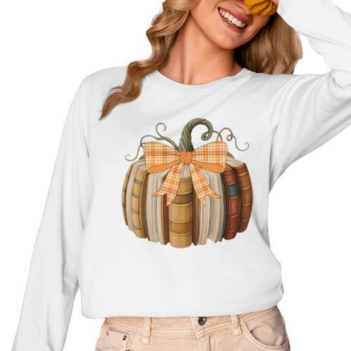 Fall Book Pumpkin Halloween Teacher Librarian Thanksgiving Women Long Sleeve T-Shirt - teacherstshirts.com UK