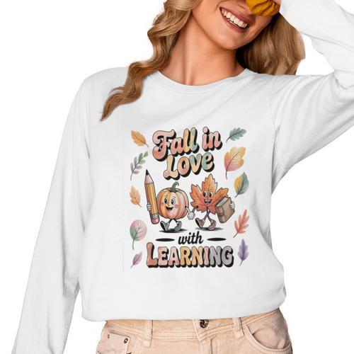 Fall In Love With Learning Teacher Autumn School Women Long Sleeve T-Shirt - teacherstshirts.com UK