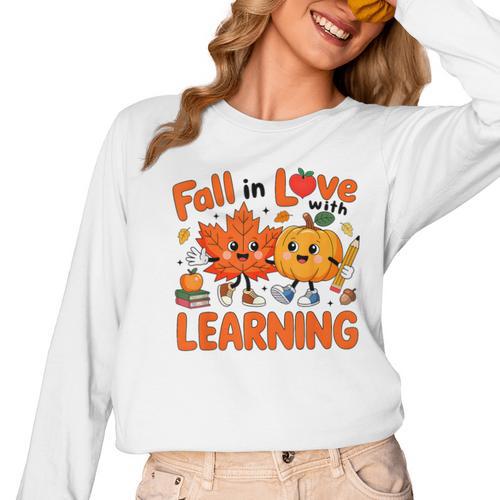Fall In Love With Learning Thanksgiving Teacher Student Kids Women Long Sleeve T-Shirt - teacherstshirts.com AU