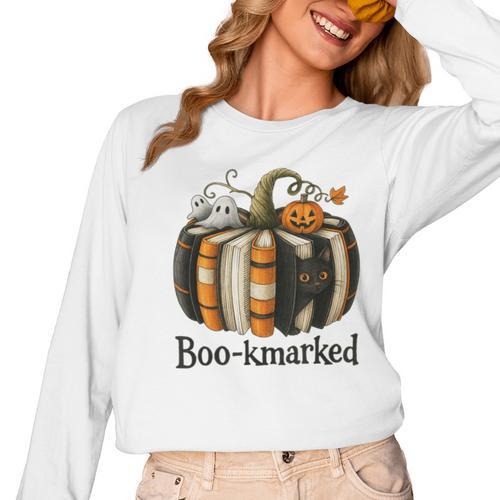 Fun Fall Book Lover Cute Teacher Student Halloween Women Long Sleeve T-Shirt - teacherstshirts.com UK