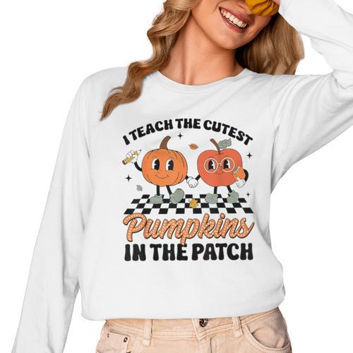 Groovy I Teach The Cutest Pumpkins In The Patch For Teacher Women Long Sleeve T-Shirt - teacherstshirts.com AU