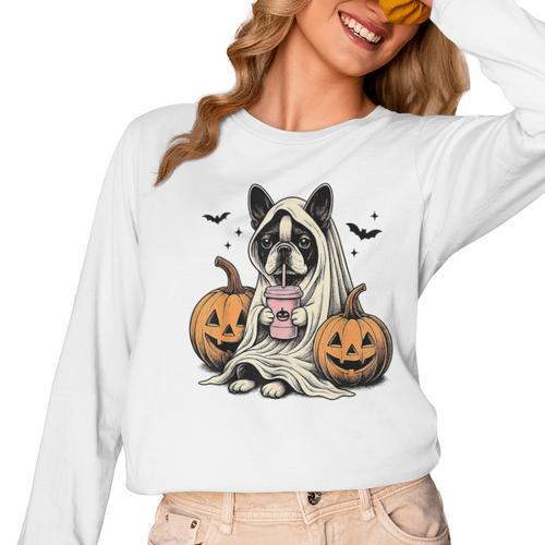 Halloween Boston Terrier Ghost Women Long Sleeve T-Shirt - Bostonterriersmerch.com