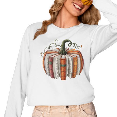 Halloween Teacher Librarians Fall Book Pumpkin Retro Reading Women Long Sleeve T-Shirt - teacherstshirts.com AU