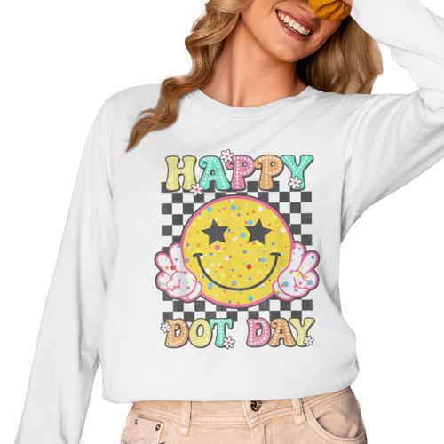 Happy Dot Day Hippie Flowers Smile Face Groovy Teacher Kids Women Long Sleeve T-Shirt - teacherstshirts.com