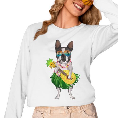 Hawaiian Boston Terrier Dog Pineapple Ukulele Summer For Men Women Girls Kids Women Long Sleeve T-Shirt - Bostonterriersmerch.com