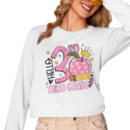 Hello 3rd Third Grade Back To School Pink Leopard Teacher Women Long Sleeve T-Shirt - teacherstshirts.com AU
