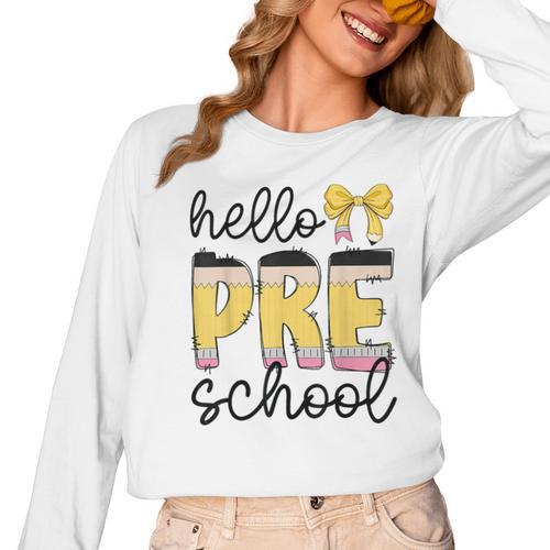 Hello Pre-K Preschool Back To School First Day Teacher Kids Women Long Sleeve T-Shirt - teacherstshirts.com DE