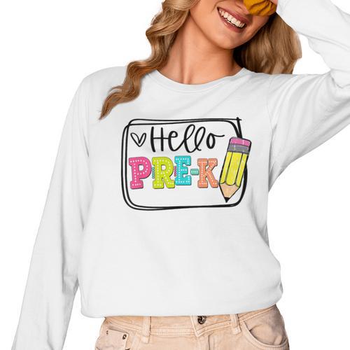 Hello Pre-K Team Preschool Teacher Kids Back To School Women Long Sleeve T-Shirt - teacherstshirts.com AU