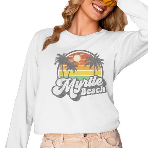 Myrtle Beach South Carolina Retro 70s Vintage Vacation Women Long Sleeve T-Shirt - Bostonterriersmerch.com