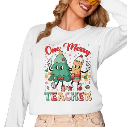 One Merry Teacher Groovy Christmas Tree Pjs Xmas Teacher Women Long Sleeve T-Shirt - teacherstshirts.com UK