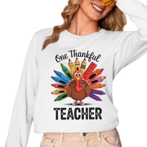 One Thankful Teacher Thanksgiving TurkeyCute Pencil Women Long Sleeve T-Shirt - teacherstshirts.com