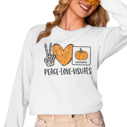 Peace Love Visuals Sped Teacher Pumpkin Skeleton Halloween Women Long Sleeve T-Shirt - teacherstshirts.com AU