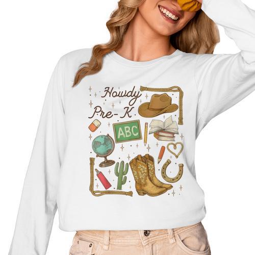 Retro Howdy Pre-K Back To School Western Teacher Women Long Sleeve T-Shirt - teacherstshirts.com AU
