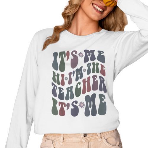 Retro IT'S ME Hi I'm The TEACHER Groovy Testing Squad Pink Women Long Sleeve T-Shirt - teacherstshirts.com