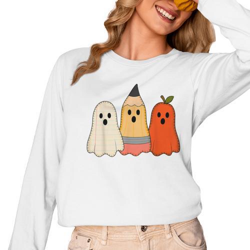 Retro Pencil Ghost Boo Spooky Teacher Halloween Costume Women Long Sleeve T-Shirt - teacherstshirts.com CA