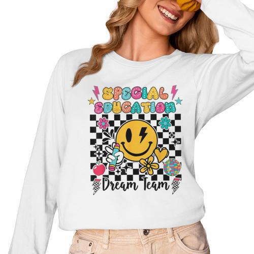 Retro Special Education Squad Groovy Dream Team Teacher Women Long Sleeve T-Shirt - teacherstshirts.com CA