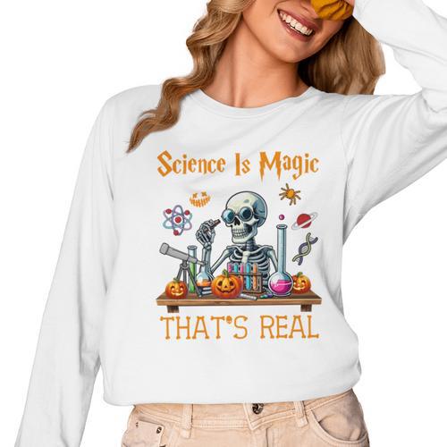 Science Is Magic Halloween Skeleton Students Teacher Women Long Sleeve T-Shirt - teacherstshirts.com