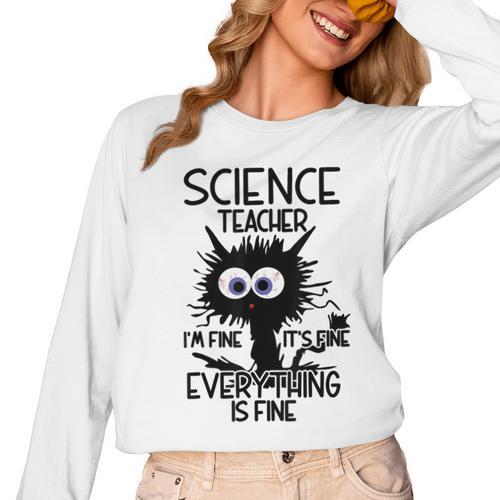 Science Teacher Appreciation Merch -Adults -Youth Grey Classic Fit Modern Science Theme Cartoon Women Long Sleeve T-Shirt - teacherstshirts.com UK
