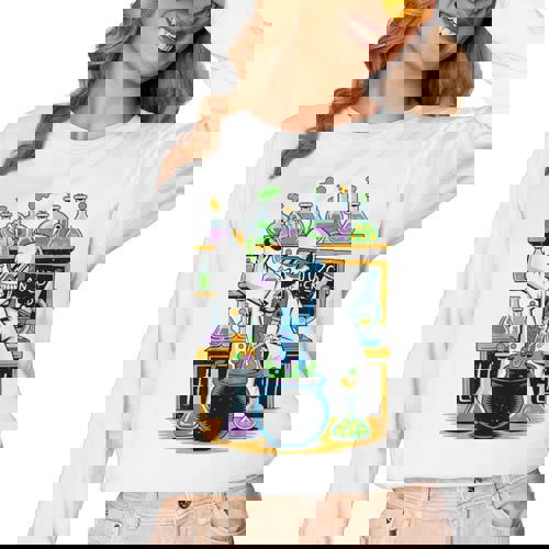 Skeleton Mad Scientist Halloween Costume Science Teacher Women Long Sleeve T-Shirt - teacherstshirts.com