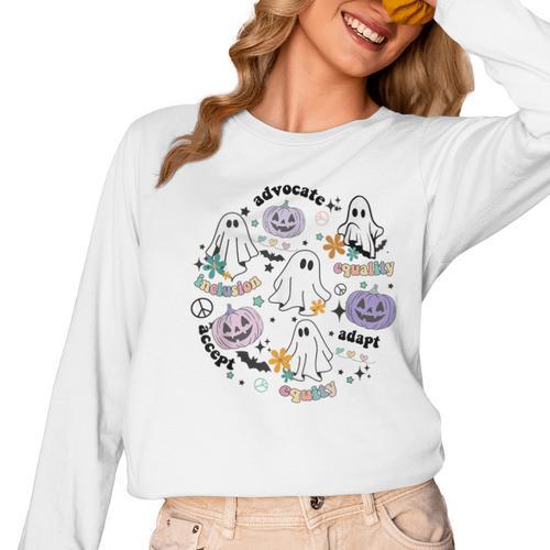 Special Education Teacher Halloween Pumpkin Ghost Inclusion Women Long Sleeve T-Shirt - teacherstshirts.com UK