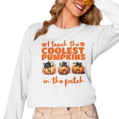 I Teach The Cutest Pumpkins Halloween Teacher Cat Lover Women Long Sleeve T-Shirt - teacherstshirts.com AU