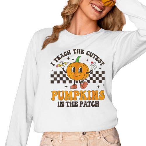 I Teach The Cutest Pumpkins In The Patch Groovy Teacher Fall Women Long Sleeve T-Shirt - teacherstshirts.com UK