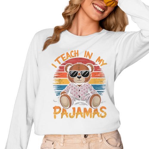 I Teach In My Pajamas Teacher Sunset Bear Retro Women Long Sleeve T-Shirt - teacherstshirts.com DE