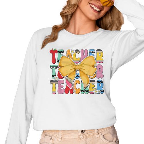 Teacher Pencil Coquette Bow Back To School Teacher Women Long Sleeve T-Shirt - teacherstshirts.com UK