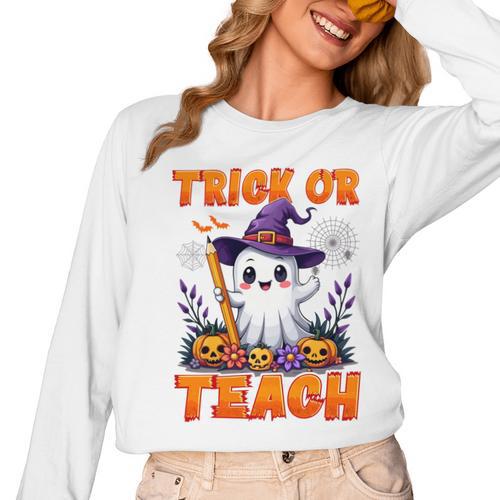Trick Or Teach Teacher Halloween Ghost Pencil Floral Women Long Sleeve T-Shirt - teacherstshirts.com CA