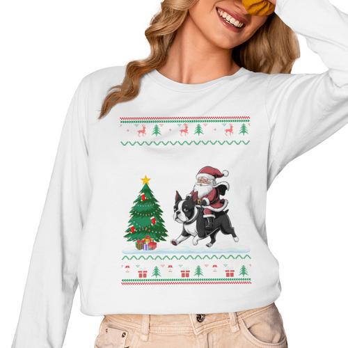 Ugly Christmas Tree Lights Xmas Santa Riding Boston Terrier Women Long Sleeve T-Shirt - Bostonterriersmerch.com
