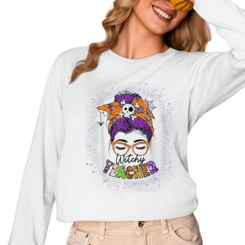 Witchy Teacher Halloween Messy Bun Teacher Bleached Women Long Sleeve T-Shirt - teacherstshirts.com CA
