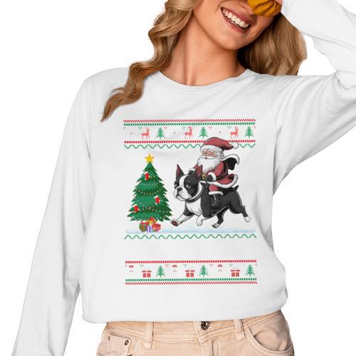 Xmas Tree Lighting Santa Riding Boston Terrier Christmas Women Long Sleeve T-Shirt - Bostonterriersmerch.com