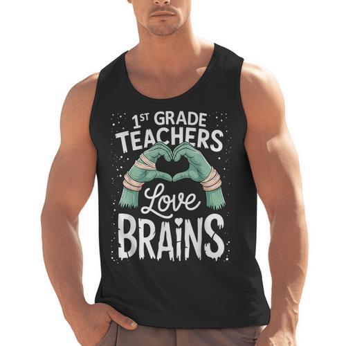 1st Grade Teachers Love Brains Shirt Halloween Teacher Men Tank Top - teacherstshirts.com