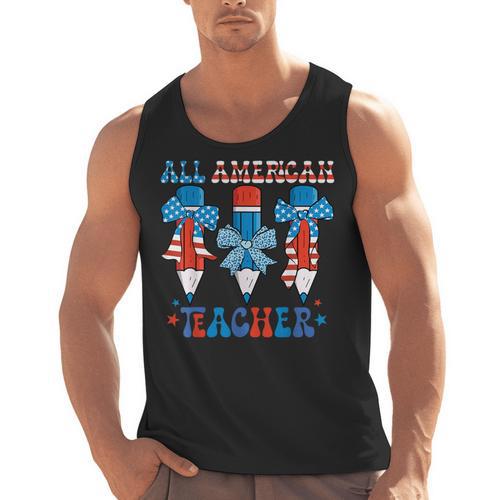 All American Teacher Pencil Coquette Bow USA Flag Teachers Men Tank Top - teacherstshirts.com AU