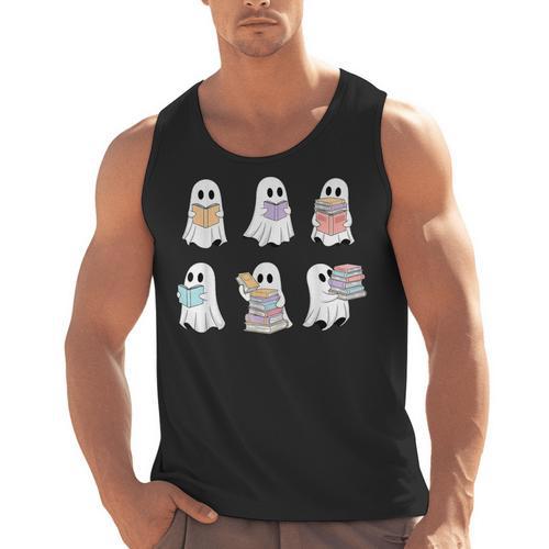Cute Boo Ghost Reading Books Halloween Librarian Teacher Kid Men Tank Top - teacherstshirts.com AU