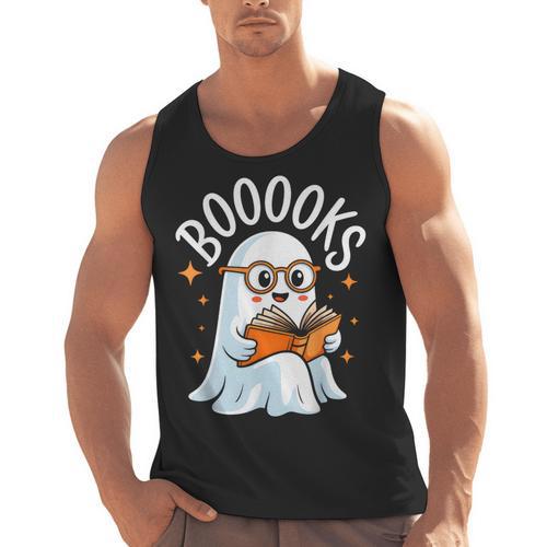 Cute Ghost Reading Book Librarian Teacher Halloween Costume Men Tank Top - teacherstshirts.com