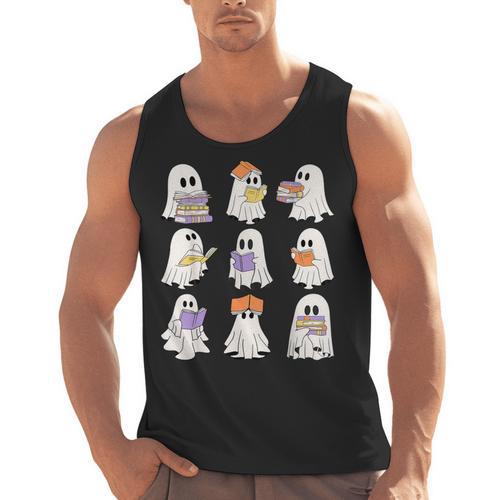 Cute Ghost Reading Books Teacher Halloween Reading Men Women Kids Men Tank Top - teacherstshirts.com UK