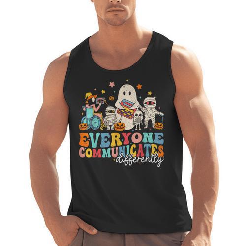 Everyone Communicates Differently Halloween SLP Sped Teacher Men Tank Top - teacherstshirts.com
