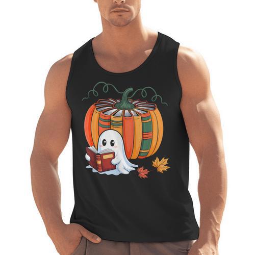 Fall Book Pumpkin Ghost Reading Books Halloween Teacher Men Tank Top - teacherstshirts.com CA